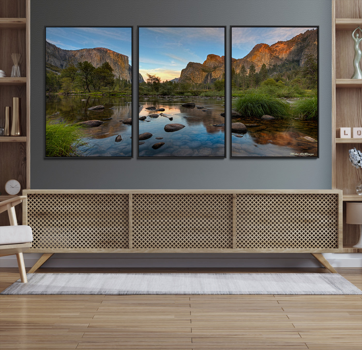Canvas of Yosemite Valley with El Capitan and sunset reflections in a calm river, perfect for rustic or nature-themed décor.