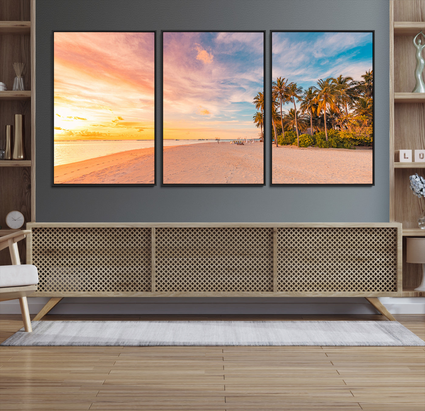Tropical beach canvas with palm trees and soft sunset tones, ideal for coastal or beach-style home décor in warm pastel hues.
