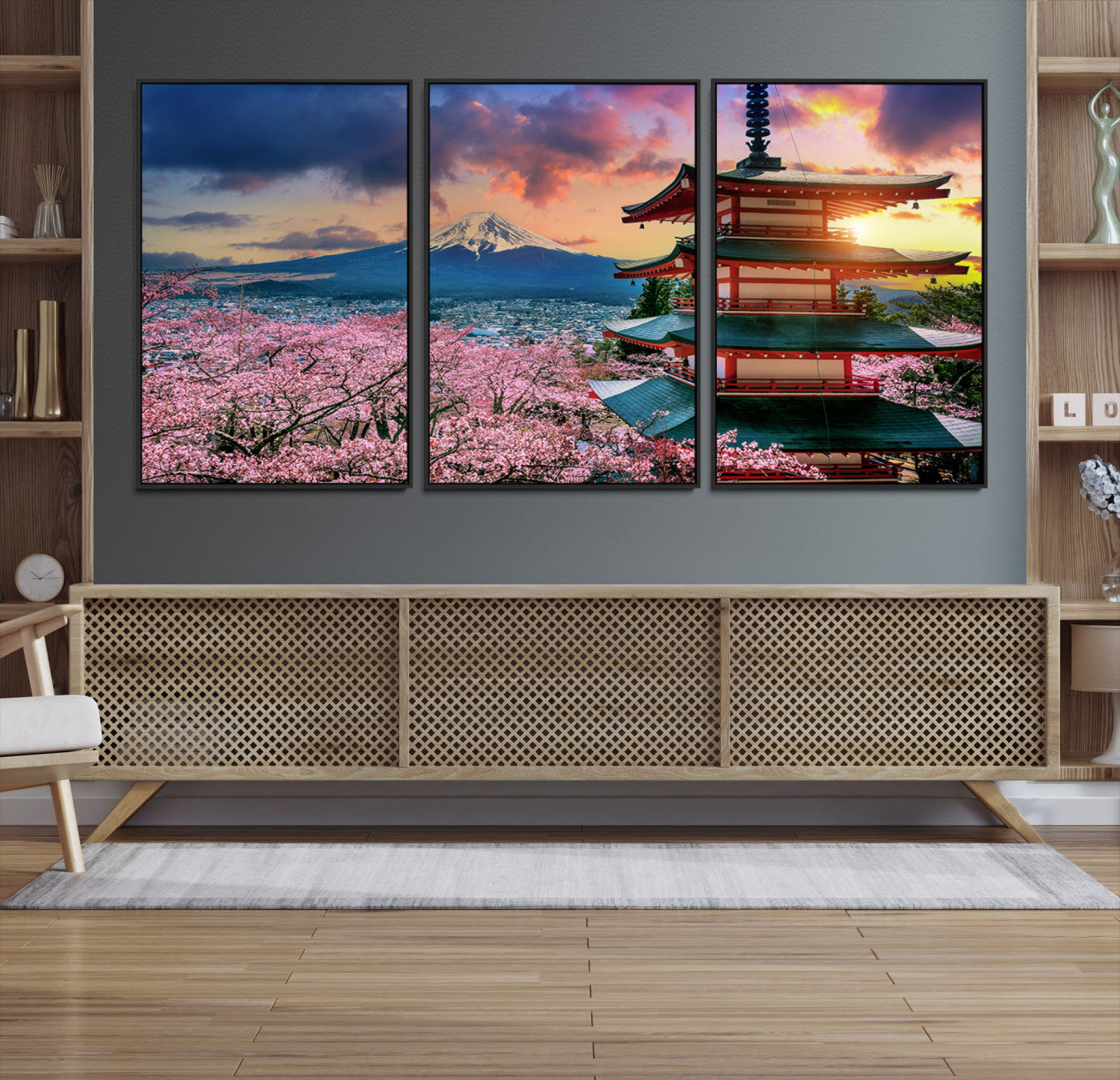 32331262-MGV-CV-48X32-3P-Mount Fuji Cherry Blossom Wall Art Canvas Print – Framed Pagoda Sunset Japan Landscape for Home, Office
