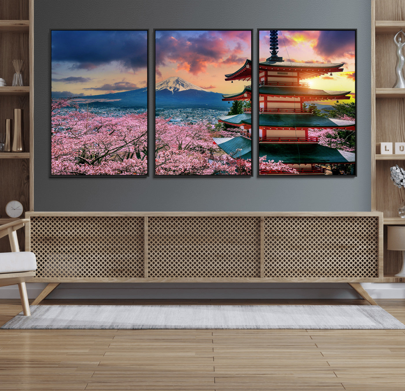 MGV-FC-60X30-3P - Mount Fuji & Cherry Blossom Wall Art Canvas Print – Iconic Japanese Landscape, Sakura Pagoda Sunset,