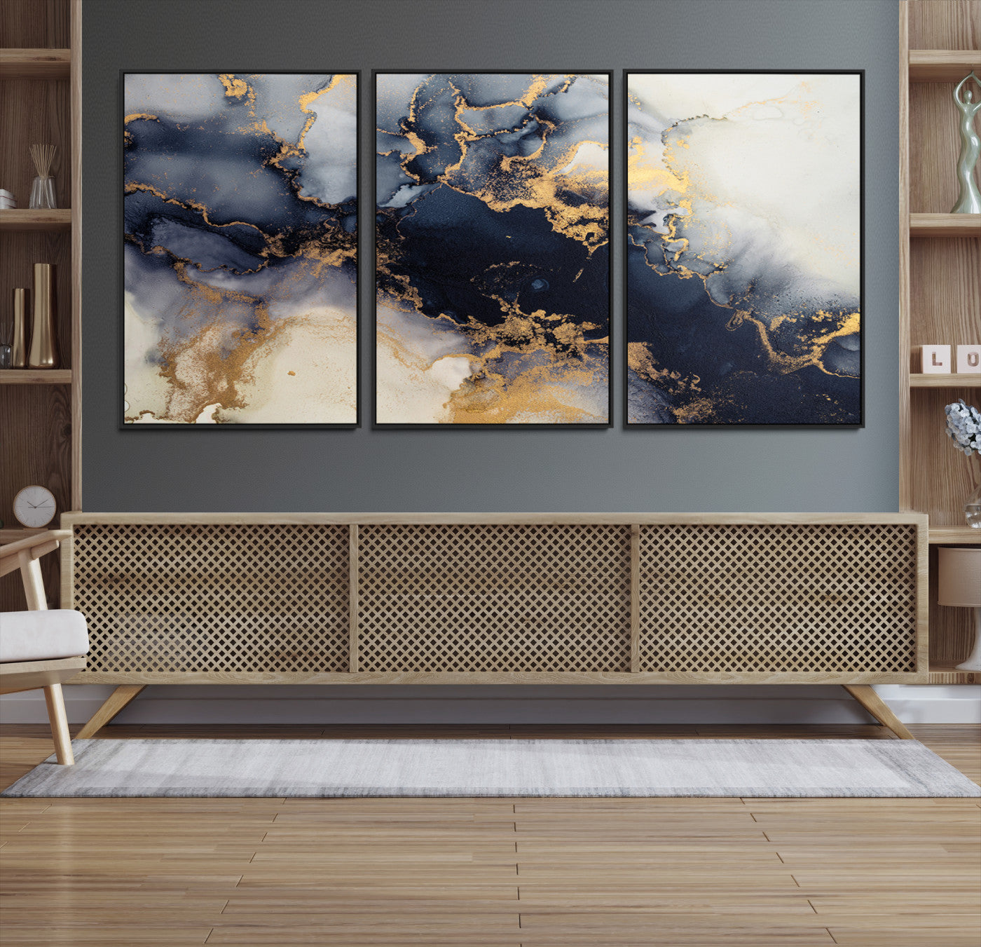 Luxurious abstract canvas in black and gold with moody fluid textures and smoky patterns, perfect for dramatic modern interiors.