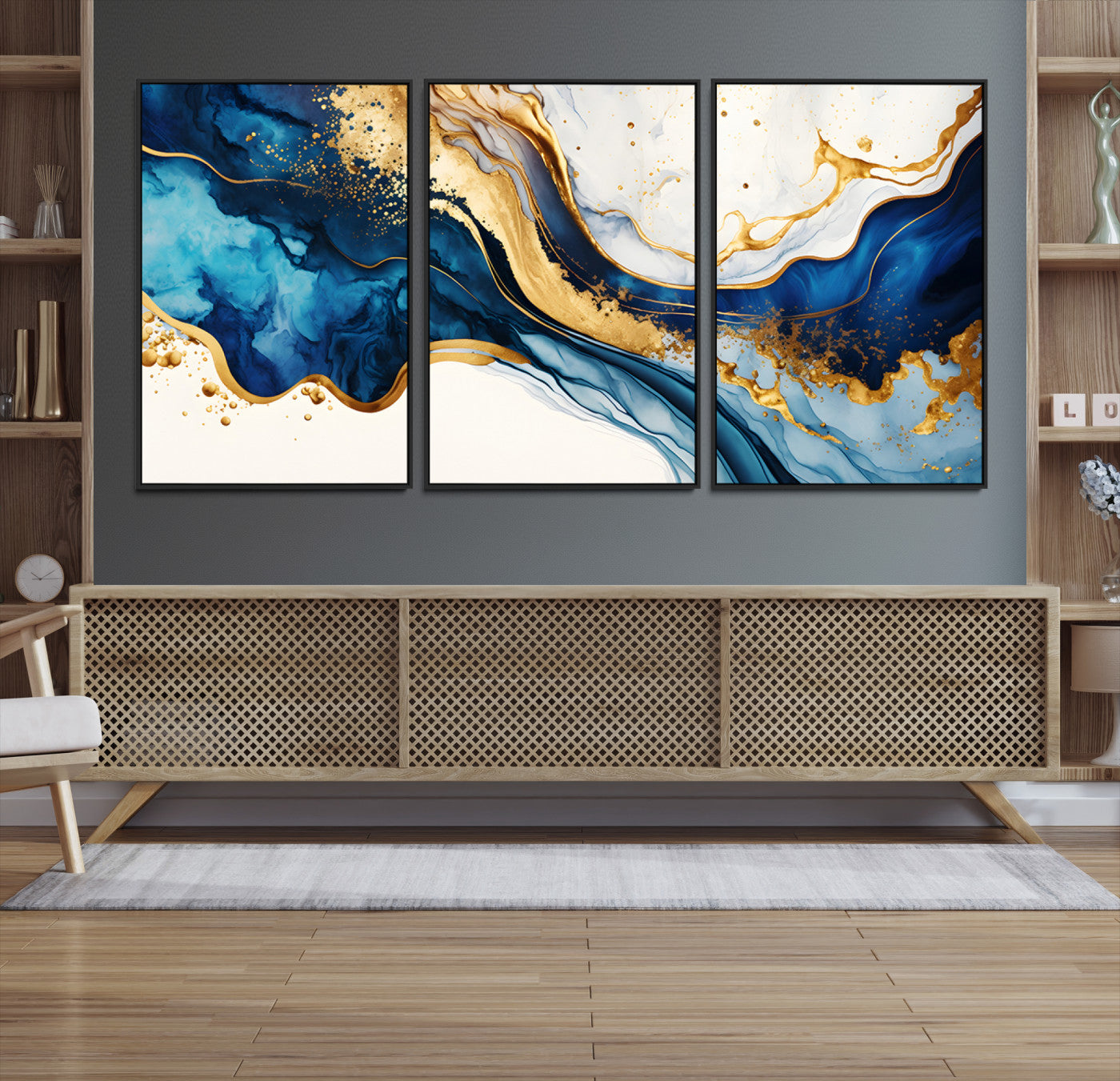 Canvas artwork with fluid blue and gold marbling, perfect for modern luxe or elegant abstract home decor styles.