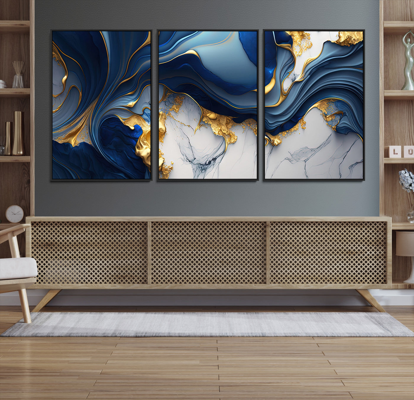 Canvas art with swirling blue marble and gold textures, ideal for elegant glam or modern luxury interior design settings.