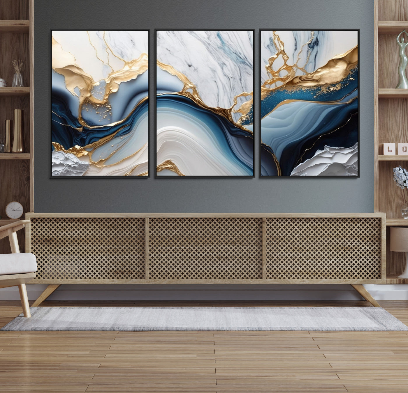 Abstract canvas with blue marble textures and flowing gold veins, ideal for modern luxury or coastal-inspired interior decor.