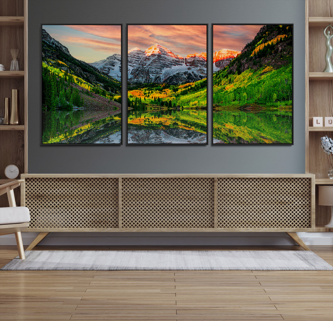 59533484-MGV-CV-48X32-3P-Wall Art Canvas Print – Sunset Glow Mountain Peaks Vibrant Green Forest Reflective Lake Calm Waters for Home, Office