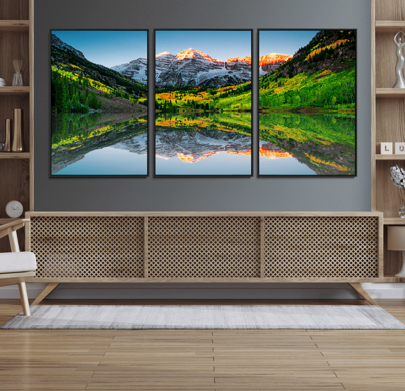 17996974-MGV-FC-60X30-3P_Black-Maroon Bells Lake Wall Art Canvas Print – Framed Majestic Colorado Mountain Scene with Autumn Reflection Artwork for Home, Office
