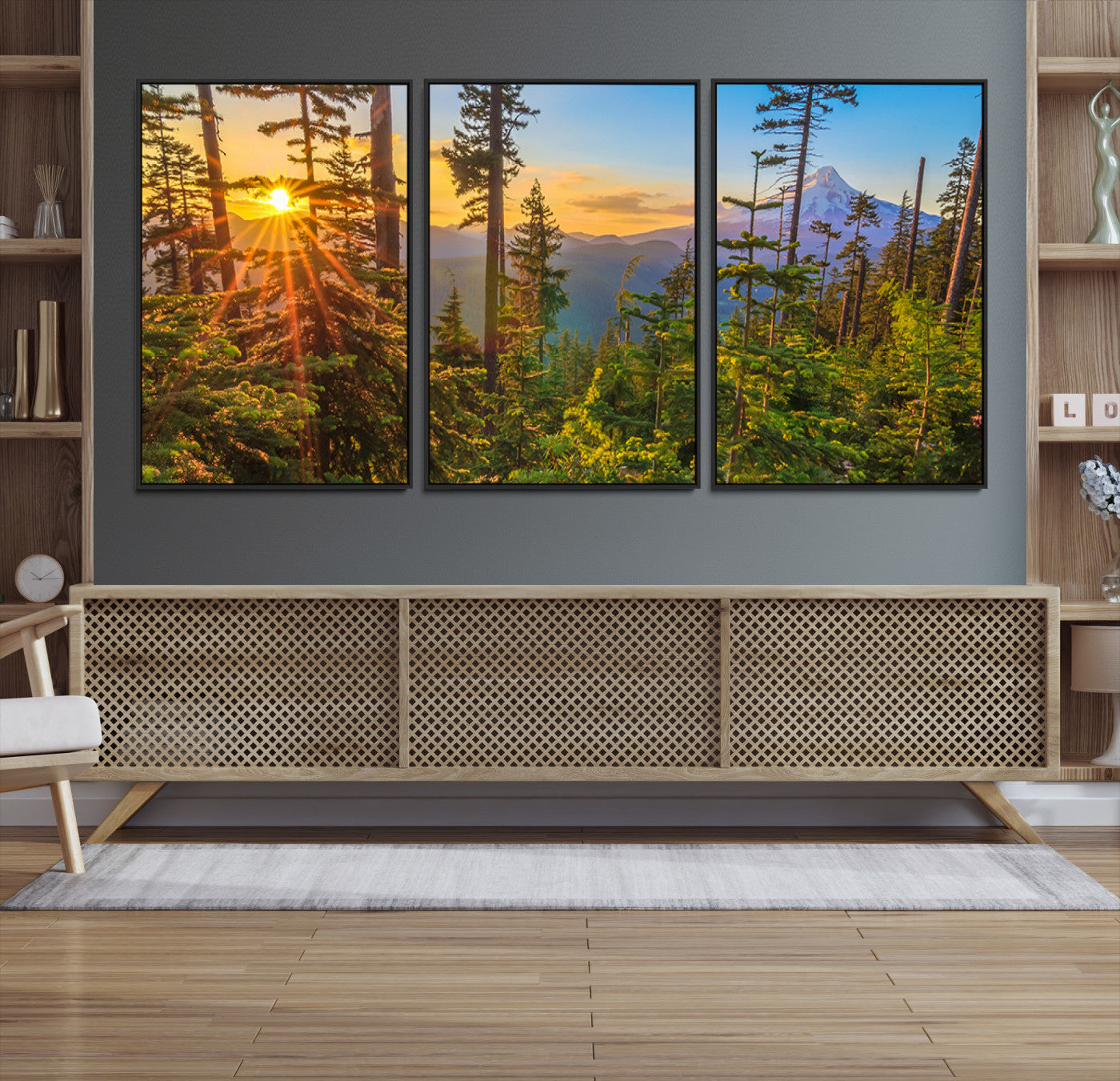 Colorful canvas of Mount Hood and Oregon forest at sunset, featuring sunburst light and lush pine trees for rustic nature decor.