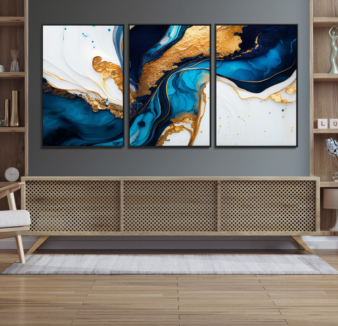 Luxurious abstract canvas in gold, navy, and teal tones with fluid marble patterns, perfect for modern glam or upscale interiors.