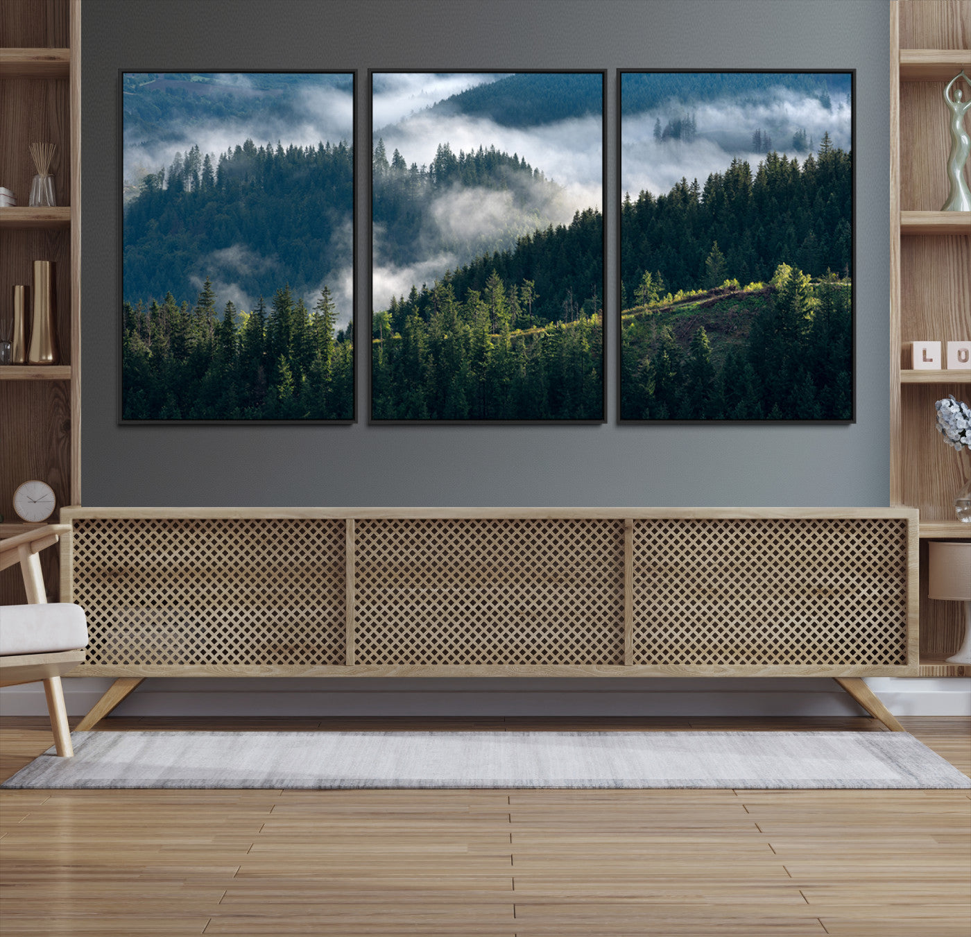 Moody canvas of misty pine forests over layered hills, perfect for cool-toned nature-inspired or woodland-style home decor.