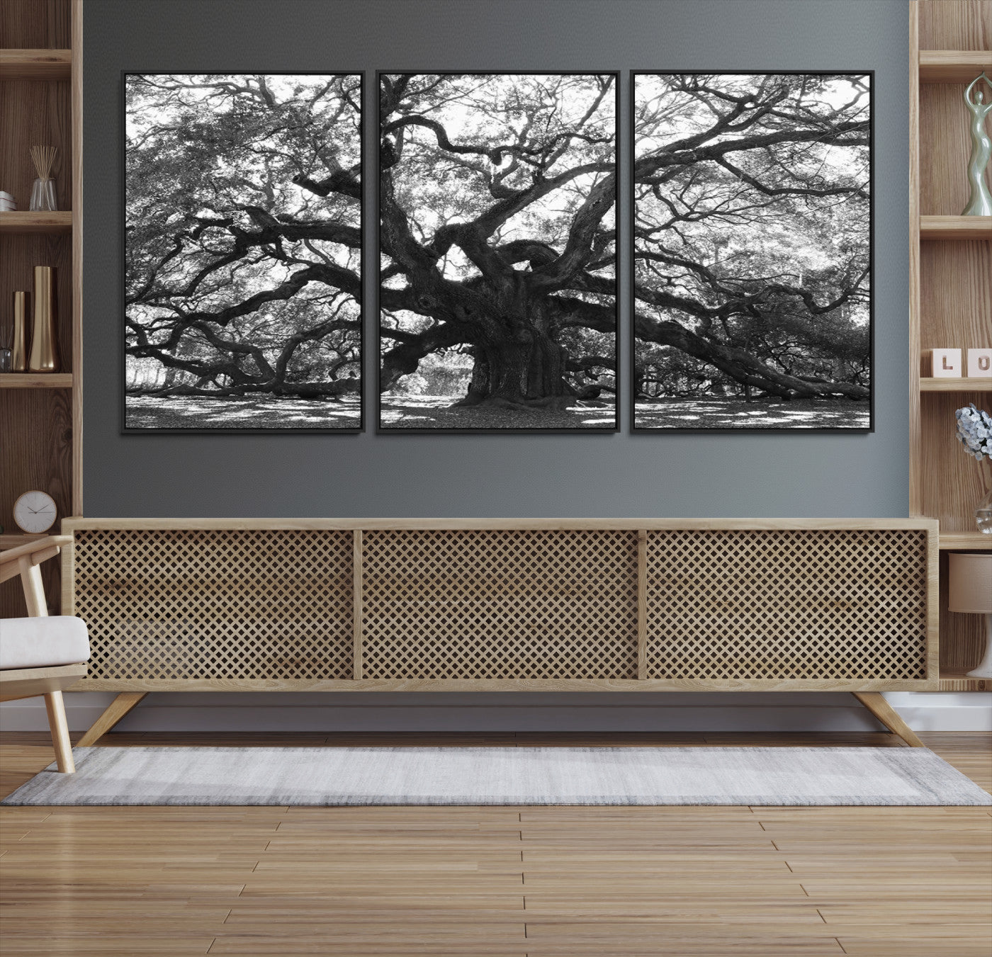 Black and white canvas of an ancient oak tree with sprawling, twisted branches, ideal for moody nature-inspired or rustic decor.