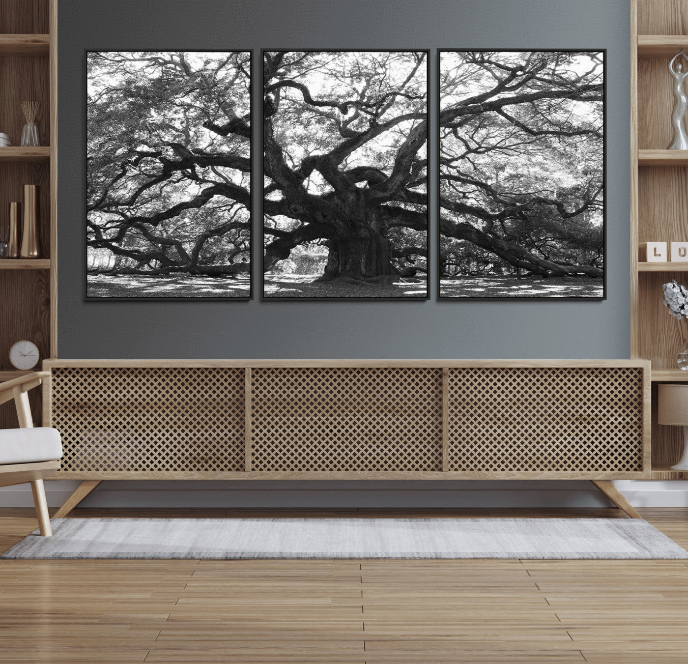 81655611-MGV-FC-60X30-3P_Black-Ancient Oak Wall Art Canvas Print – Gnarled Tree Twisted Branches Dramatic Sky Moody Nature Artwork for Home Office