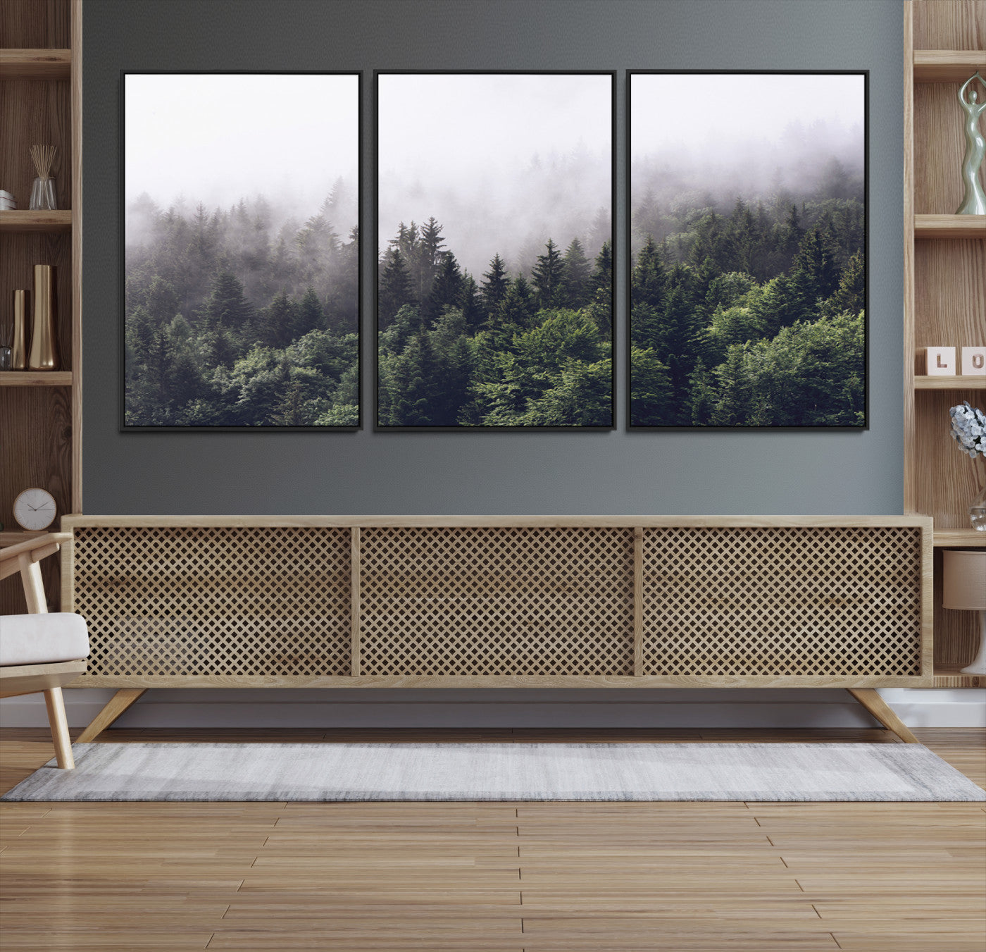 Canvas of dense misty forest in dark green tones, ideal for moody forest or atmospheric woodland-themed home decor.