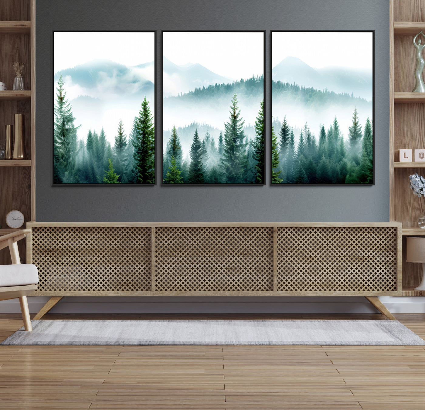 Canvas of pine forest and misty mountain layers in cool tones, perfect for moody forest or serene nature-inspired home decor.