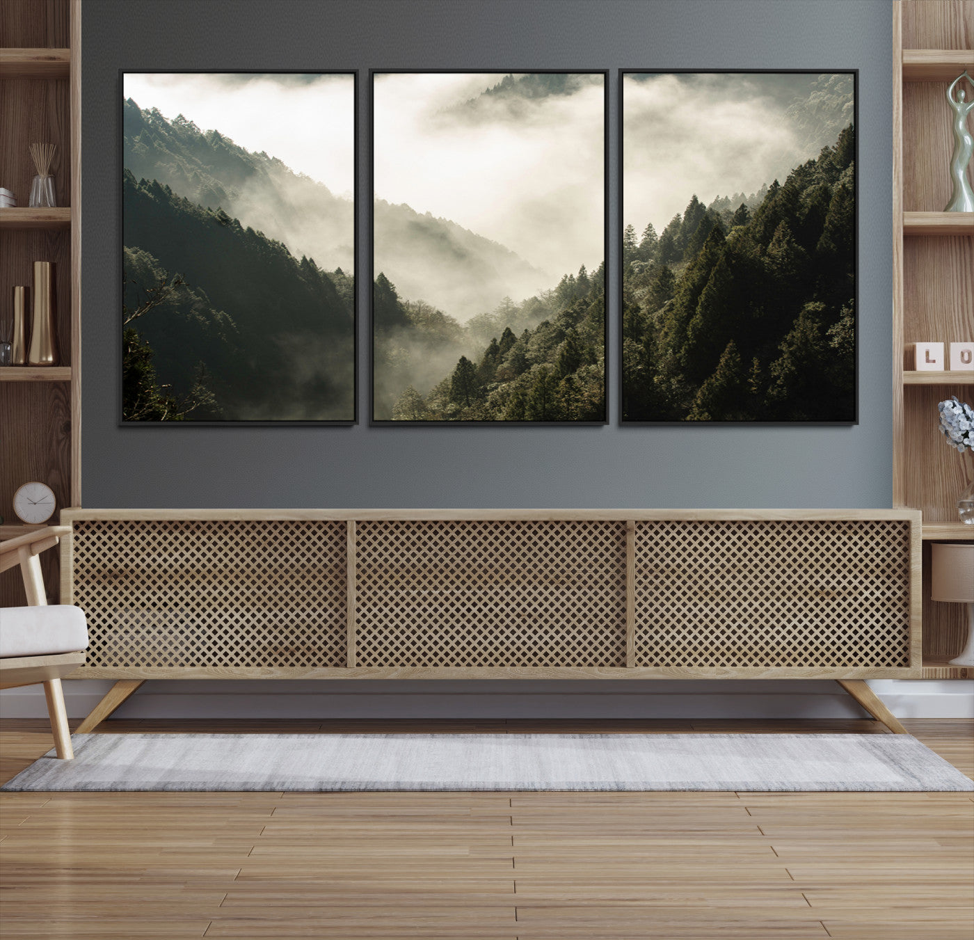 Canvas showing a misty pine forest valley with layered green hills and soft fog, perfect for moody or nature-themed decor styles.
