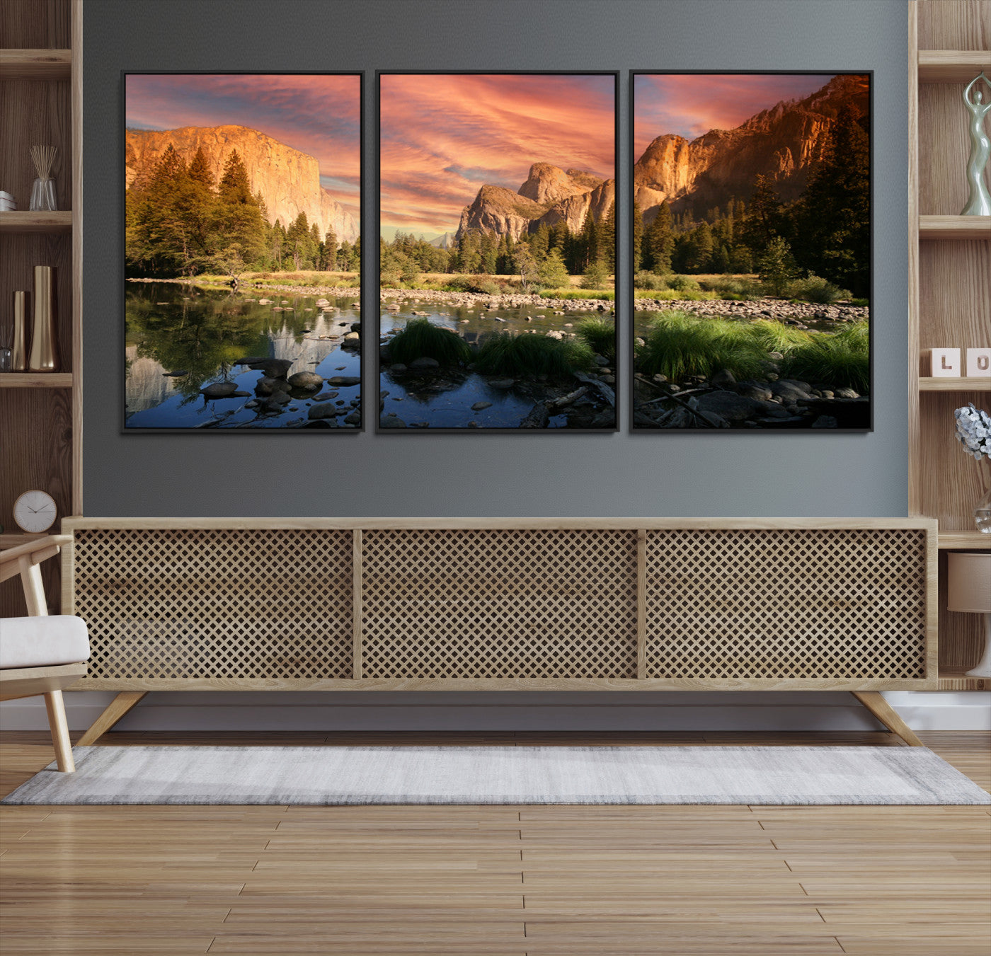 Canvas of Yosemite Valley with El Capitan and sunset sky, featuring vibrant tones ideal for rustic or nature-inspired home decor.