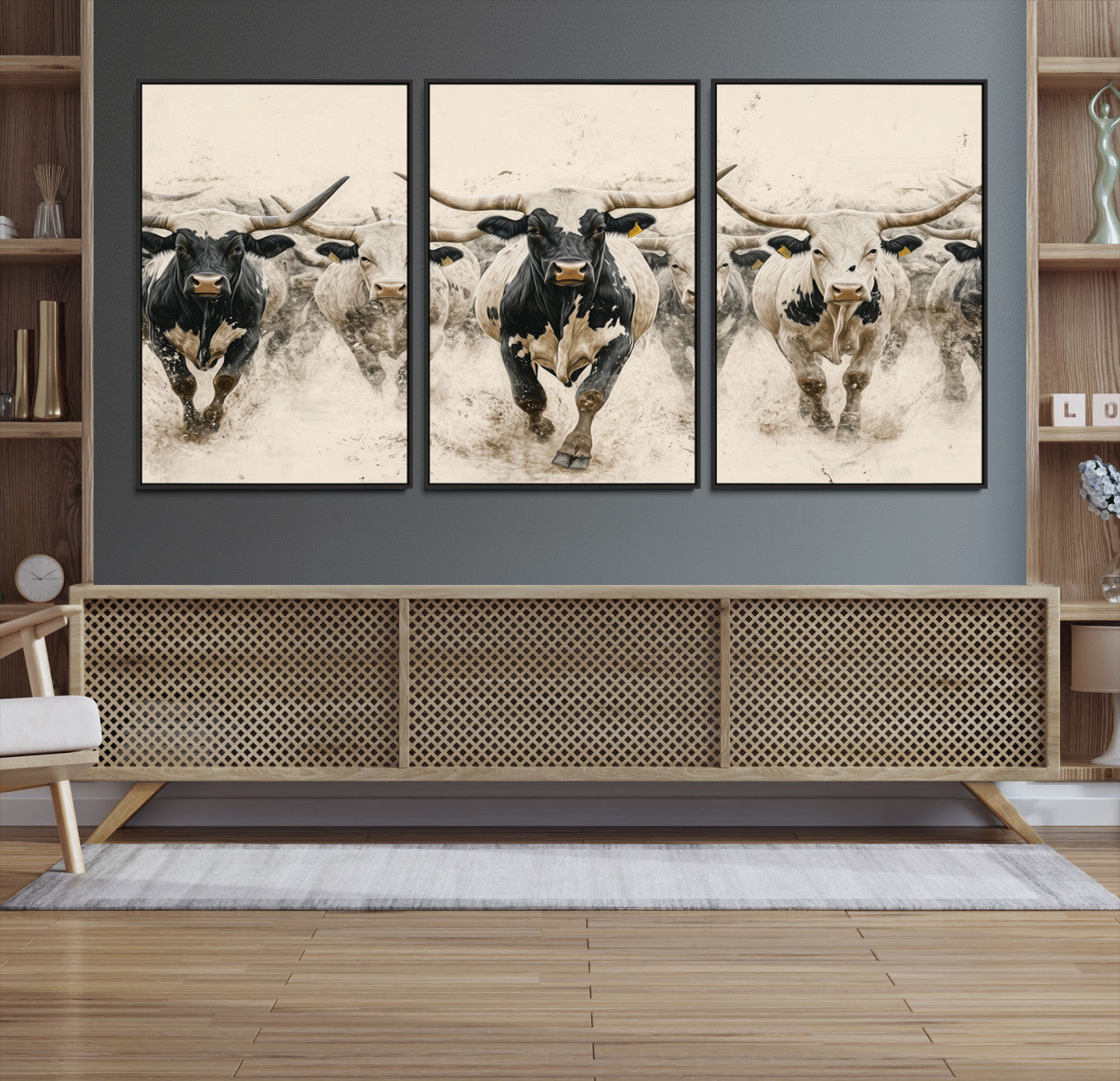Canvas artwork of Texas Longhorn bulls walking in a dusty herd, ideal for rustic Western or country-style interior decor.