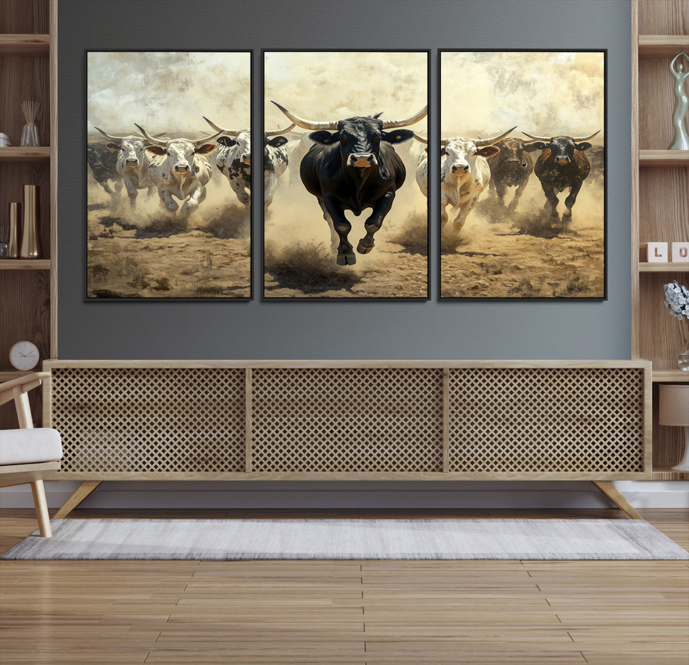 Dynamic canvas showing a Texas Longhorn stampede with earthy tones and bold movement, perfect for rustic or Western-style interiors.