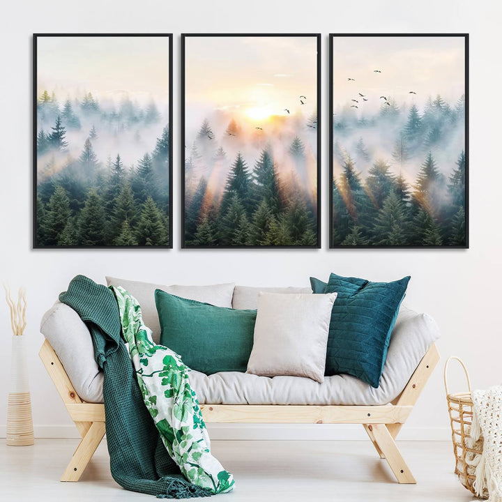 Misty Pine Forest Wall Art: A depiction of sunrise over foggy trees and birds against a bright sky; a framed woodland scene ideal for home or office decor.