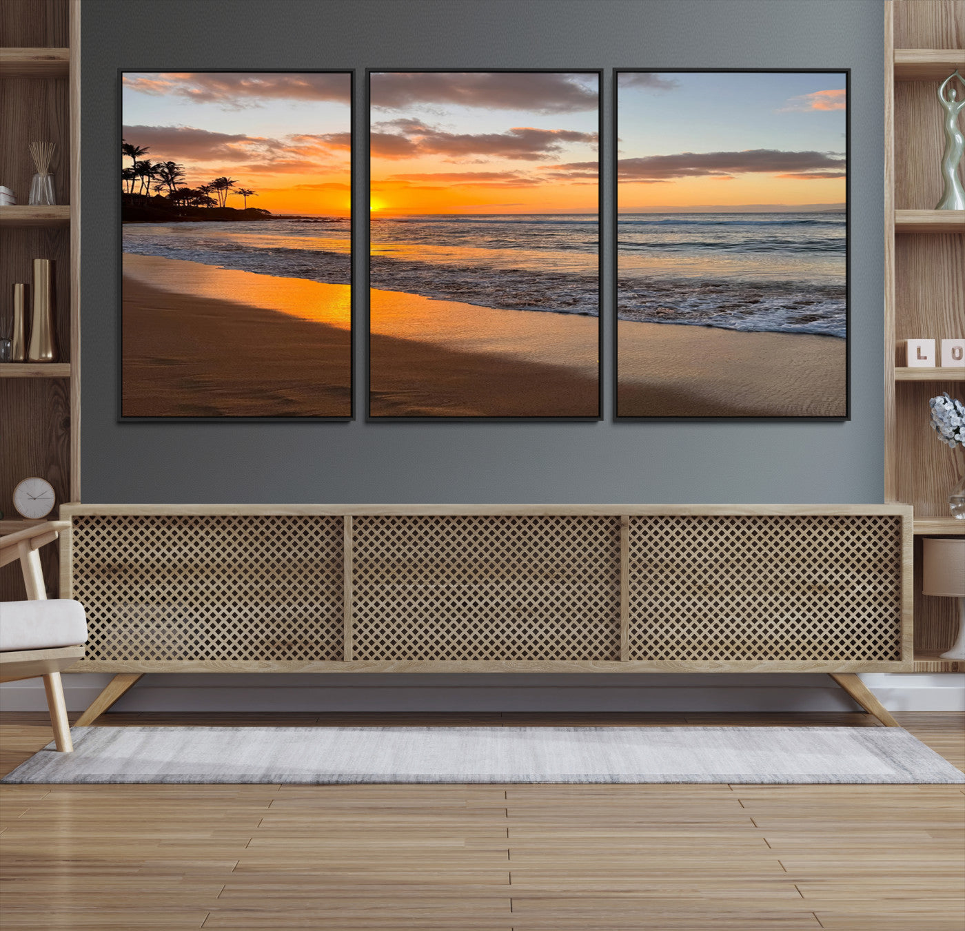 Canvas of a tropical beach at sunset with golden reflections and palm trees, perfect for vibrant coastal or island-style decor.