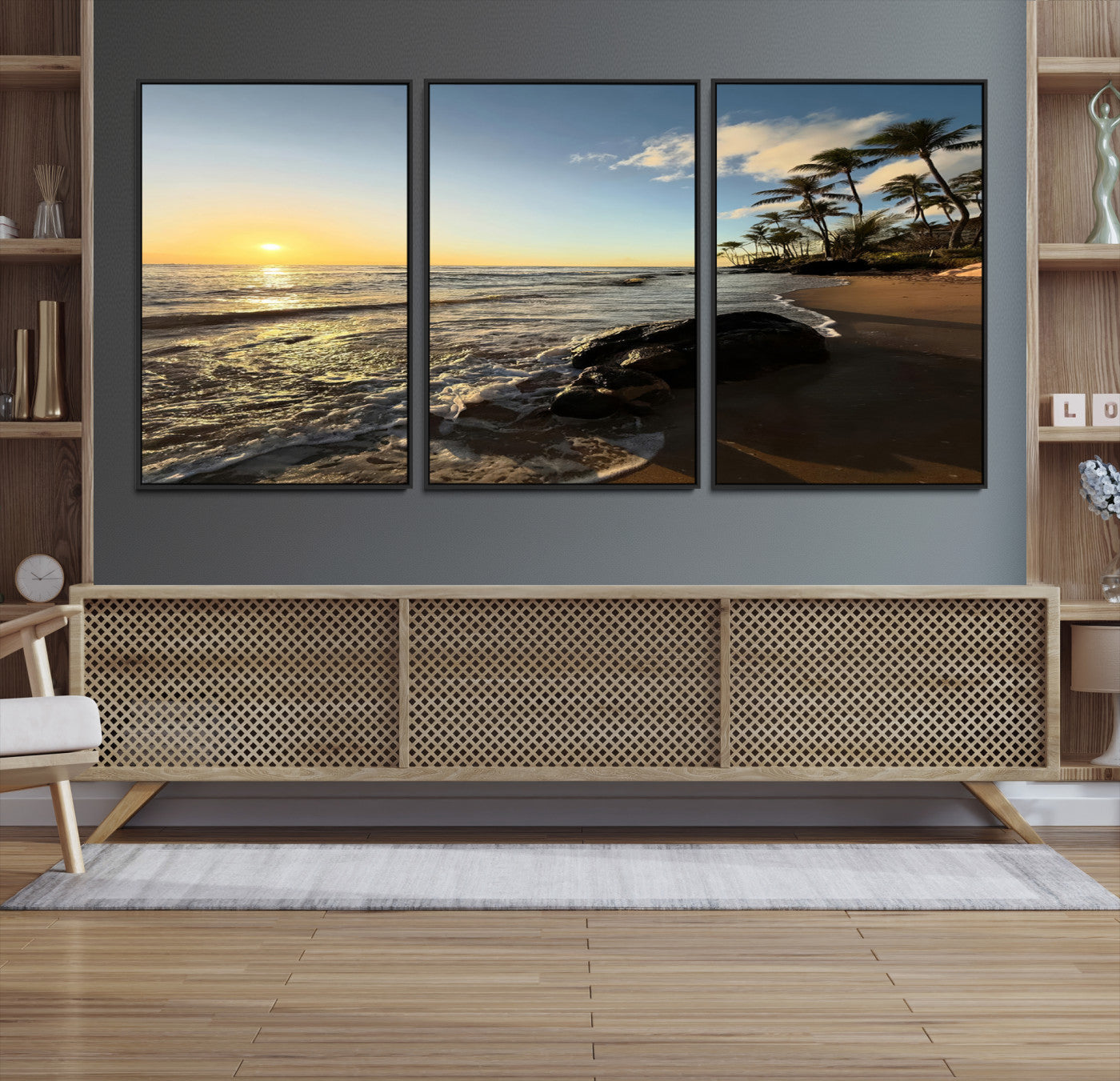 Canvas of a golden sunset on a tropical beach with palm trees and calm waves, perfect for coastal or island-themed home decor.