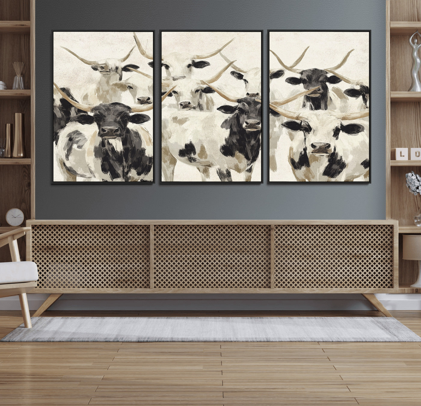 28732868-MGV-FC-60X30-3P_Black-Longhorn Texas Cow Drawing Abstract Wall Art Canvas Print for Farmhouse Decor, Texas Bull Printing