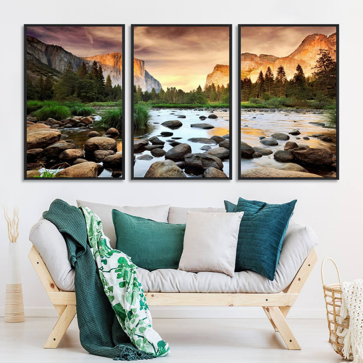 A tranquil riverside sunset mirrors the beauty of a Yosemite wall art masterpiece like the Large El Capitan Print.