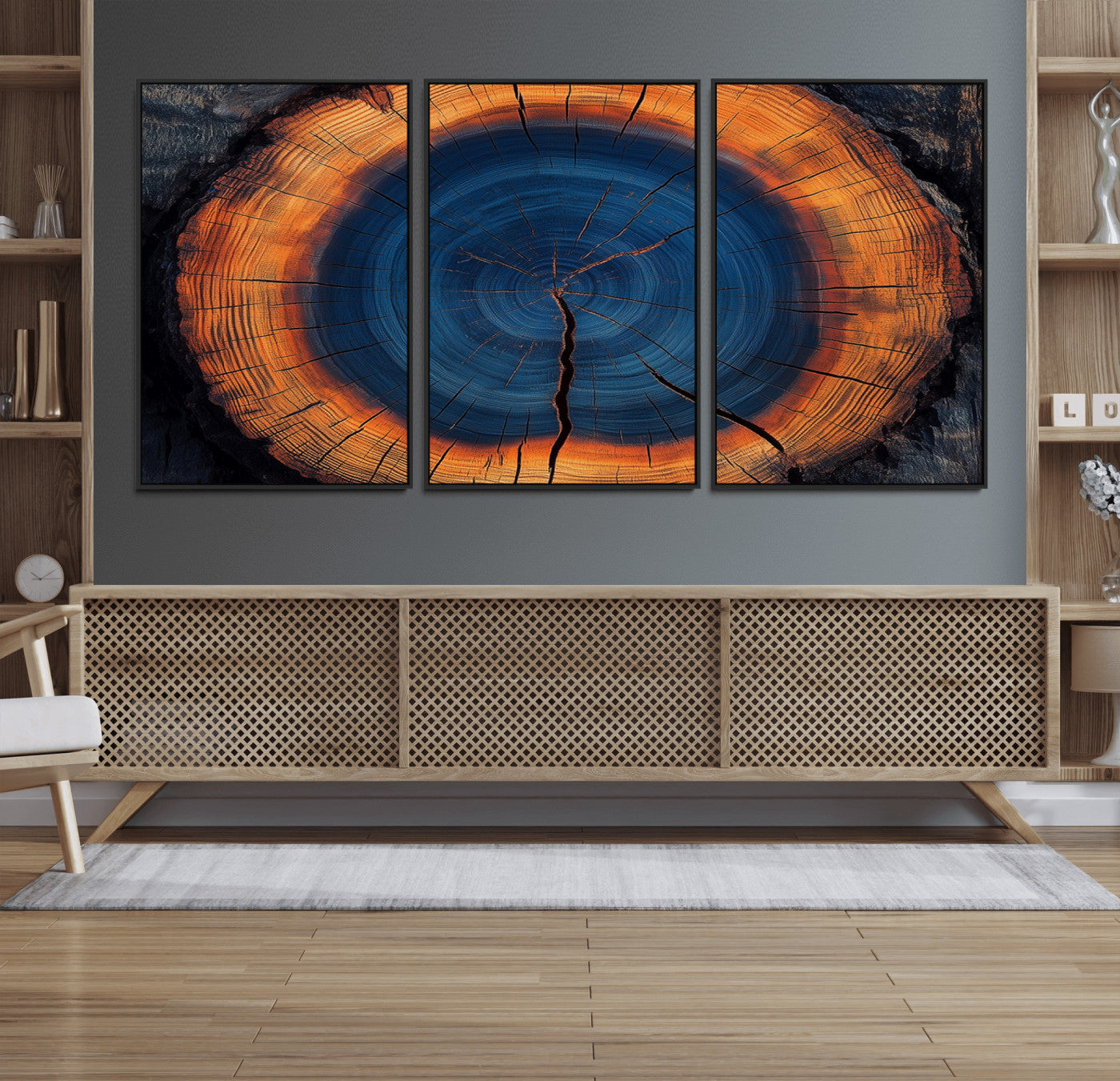 54040961-MGV-FC-60X30-3P_Black-Abstract Tree Ring Wall Art Print – Natural Rustic Wood Canvas, Framed Tree Stump Artwork, Modern Nature Design for Home, Office