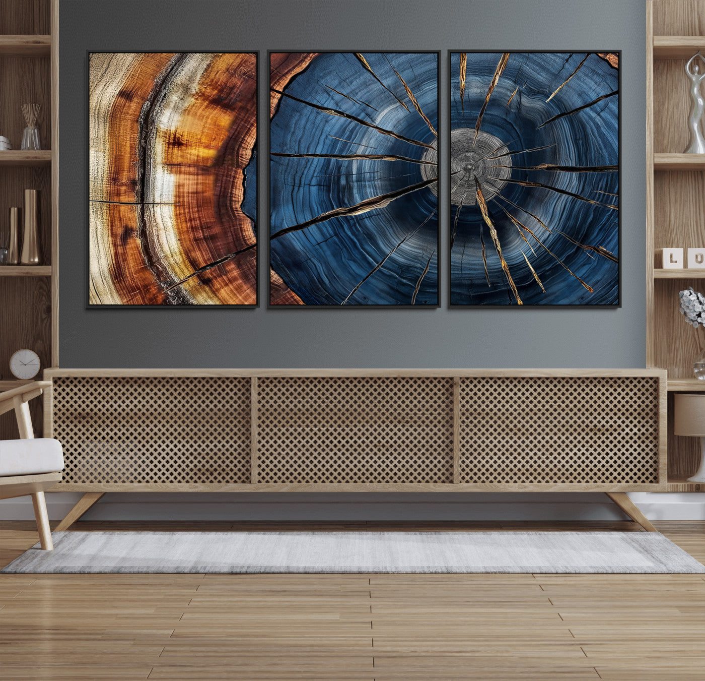 MGV-FC-60X30-3P - Framed Abstract Tree Ring Wall Art Print, Natural Rustic Wood Texture Canvas Print, Wood Tree Stump