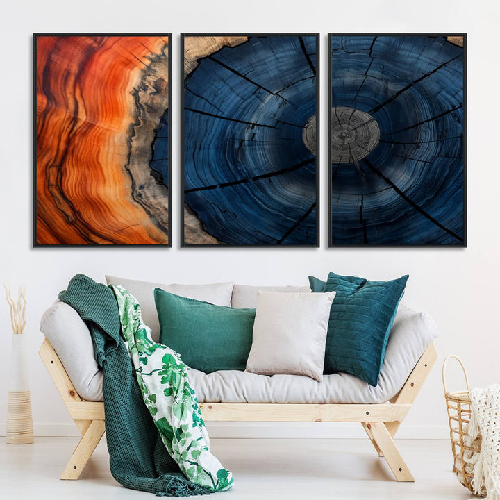 Abstract Tree Rings Canvas Print with vibrant colors—ideal farmhouse wall art for a woodland-themed home.