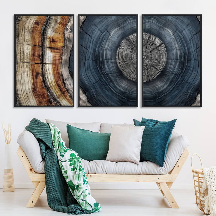 Close-up of the Abstract Tree Rings Wall Art Print featuring shades of blue, brown, and gray.