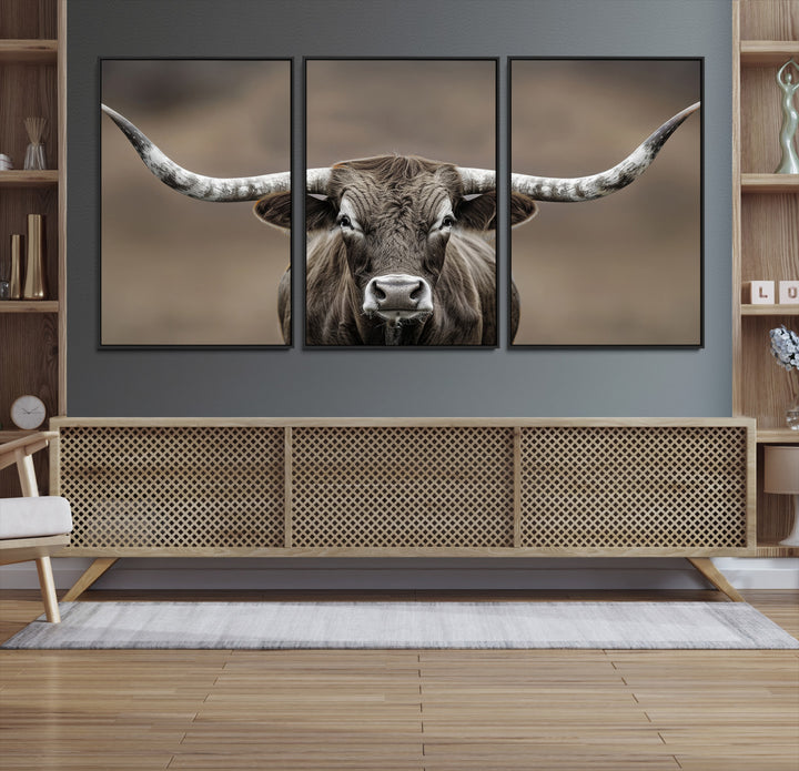 The Framed Texas Longhorn Bull Art Canvas Print adds timeless elegance to the serene setting.