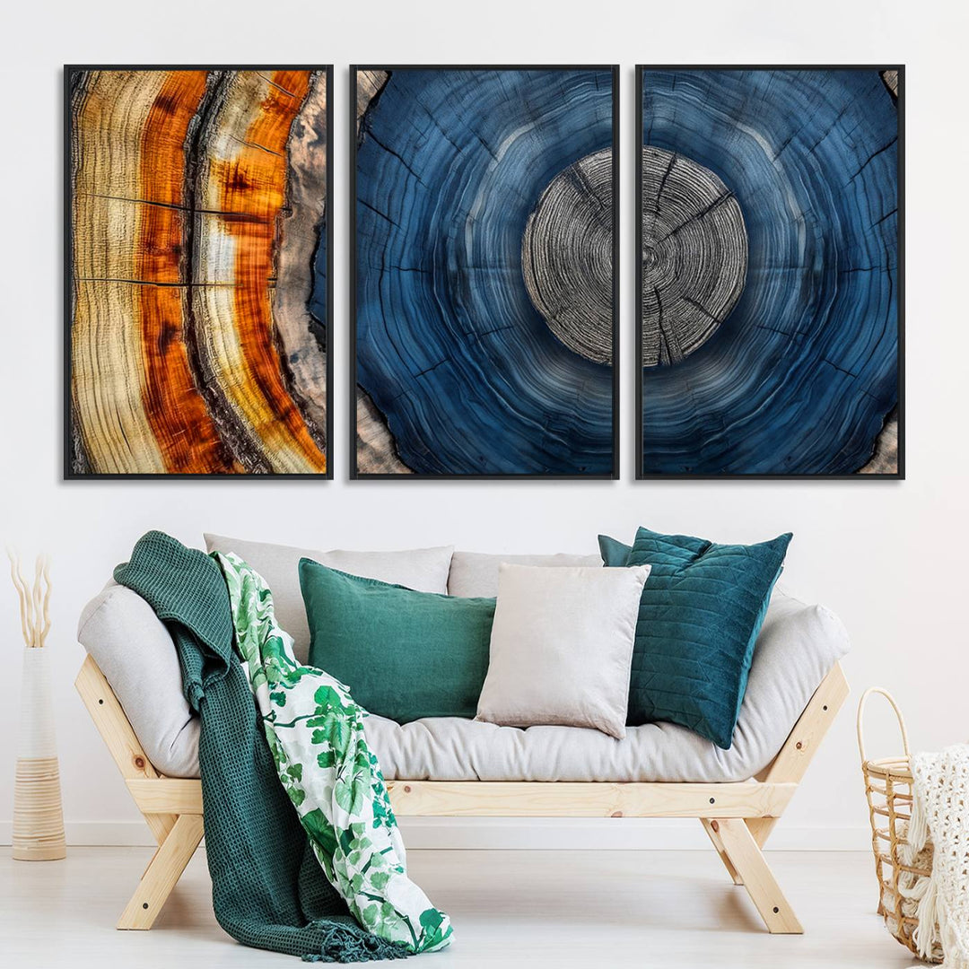 Vibrant Abstract Tree Rings in Orange, Brown, and Blue - Canvas Print for Nature Woodland Wall Decor.