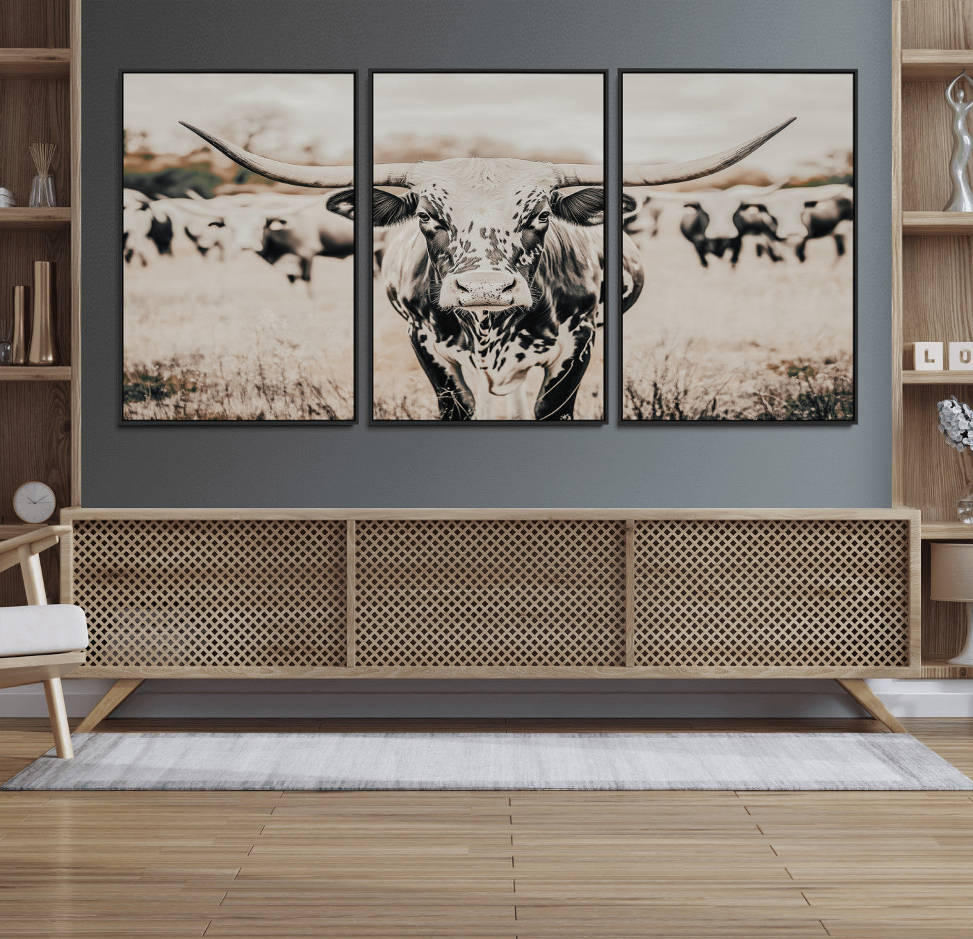 MGV-FC-60X30-3P - Texas Longhorn Wall Art Canvas Print, Framed Speckled Cow Art Picture Print, Horned Cattle Perfect Rustic Western Decor Artwork