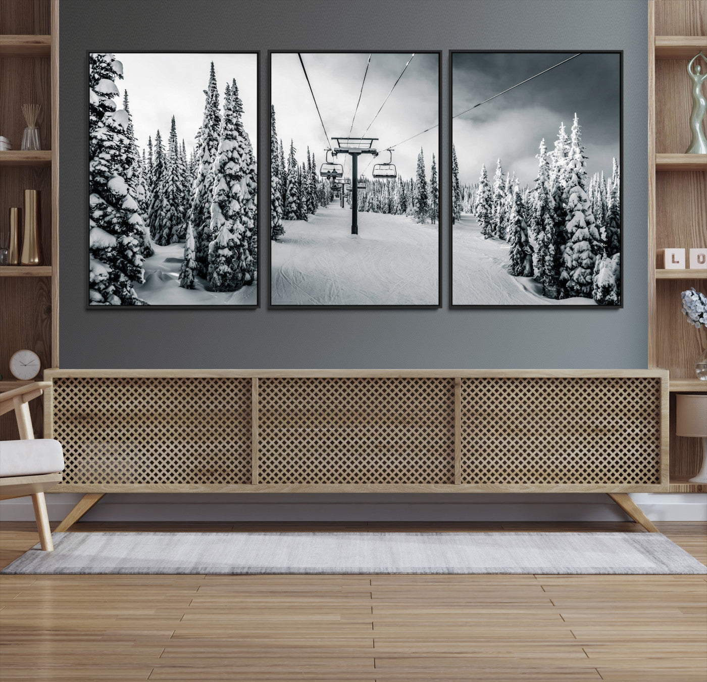31156828-MGV-CV-36X24-Snowy Pines Wall Art Canvas Print, Framed Ski Lift Art Picture Print, Winter Forest Perfect Moody Lodge Decor, Ski Lift Wall Art Canvas