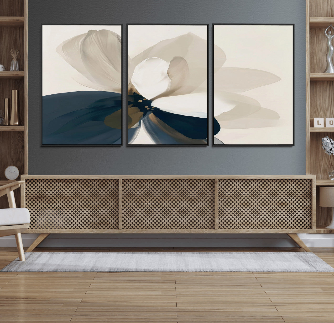 42188901-MGV-FC-60X30-3P_Black-Minimal Flower Wall Art Canvas Print – Framed Beige Bloom Botanical Modern Floral Artwork for Home, Office, Living Room