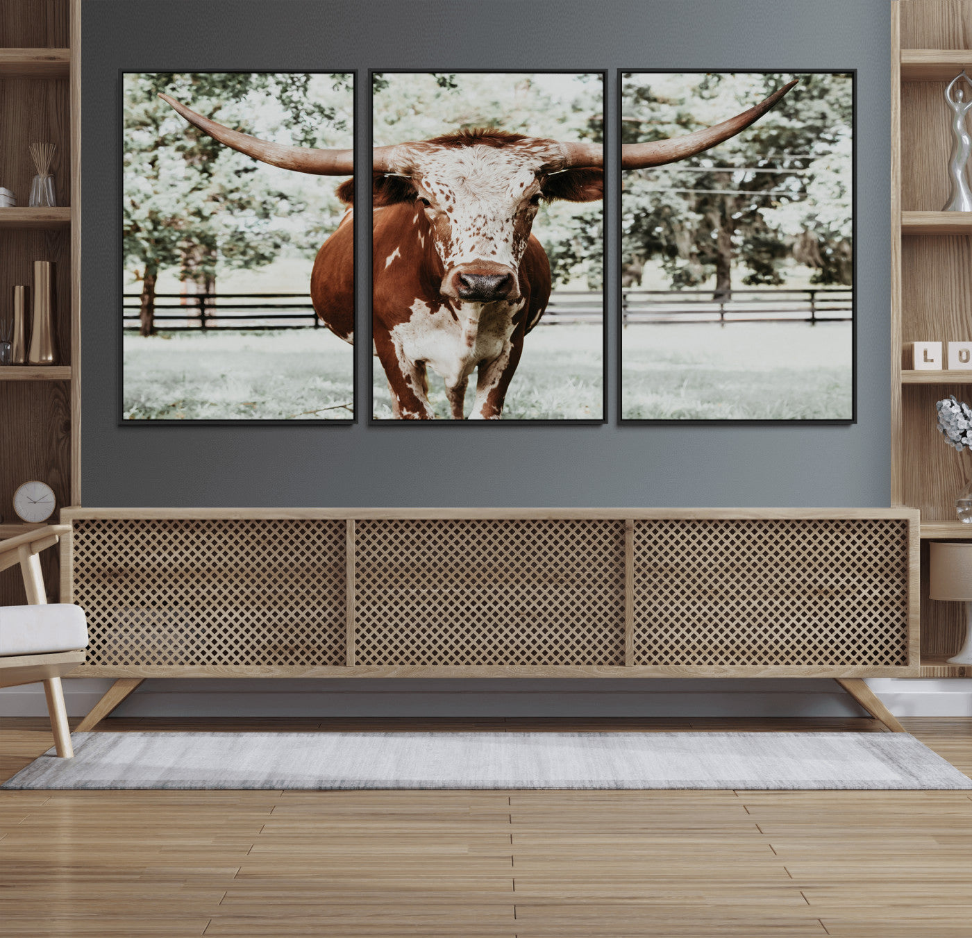MGV-FC-60X30-3P - Texas Longhorn Wall Art Canvas Print, Framed Spotted Cow Art Picture Print, Horned Cattle Perfect Rustic Western Decor Artwork