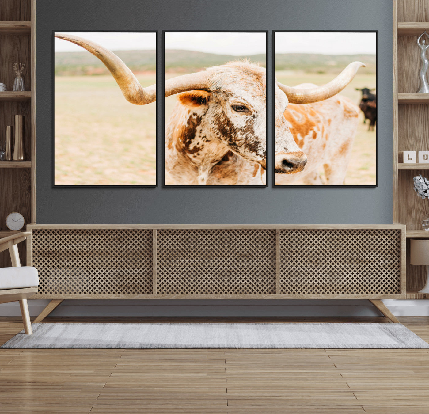 MGV-FC-60X30-3P - Texas Longhorn Wall Art Canvas Print, Framed Spotted Cow Art Picture Print, Horned Cattle Perfect Rustic Western Decor Artwork