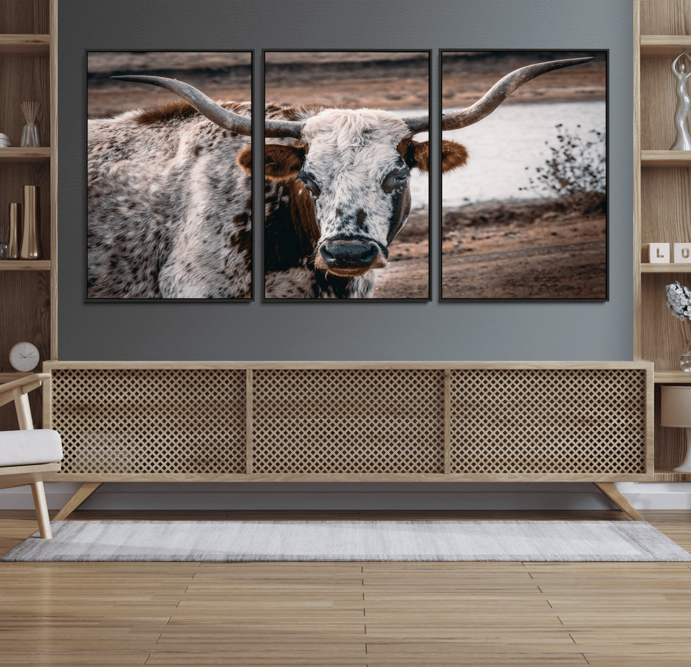 MGV-FC-60X30-3P - Texas Longhorn Wall Art Canvas Print, Framed Spotted Cow Art Picture Print, Horned Cattle Perfect Rustic Western Decor Artwork