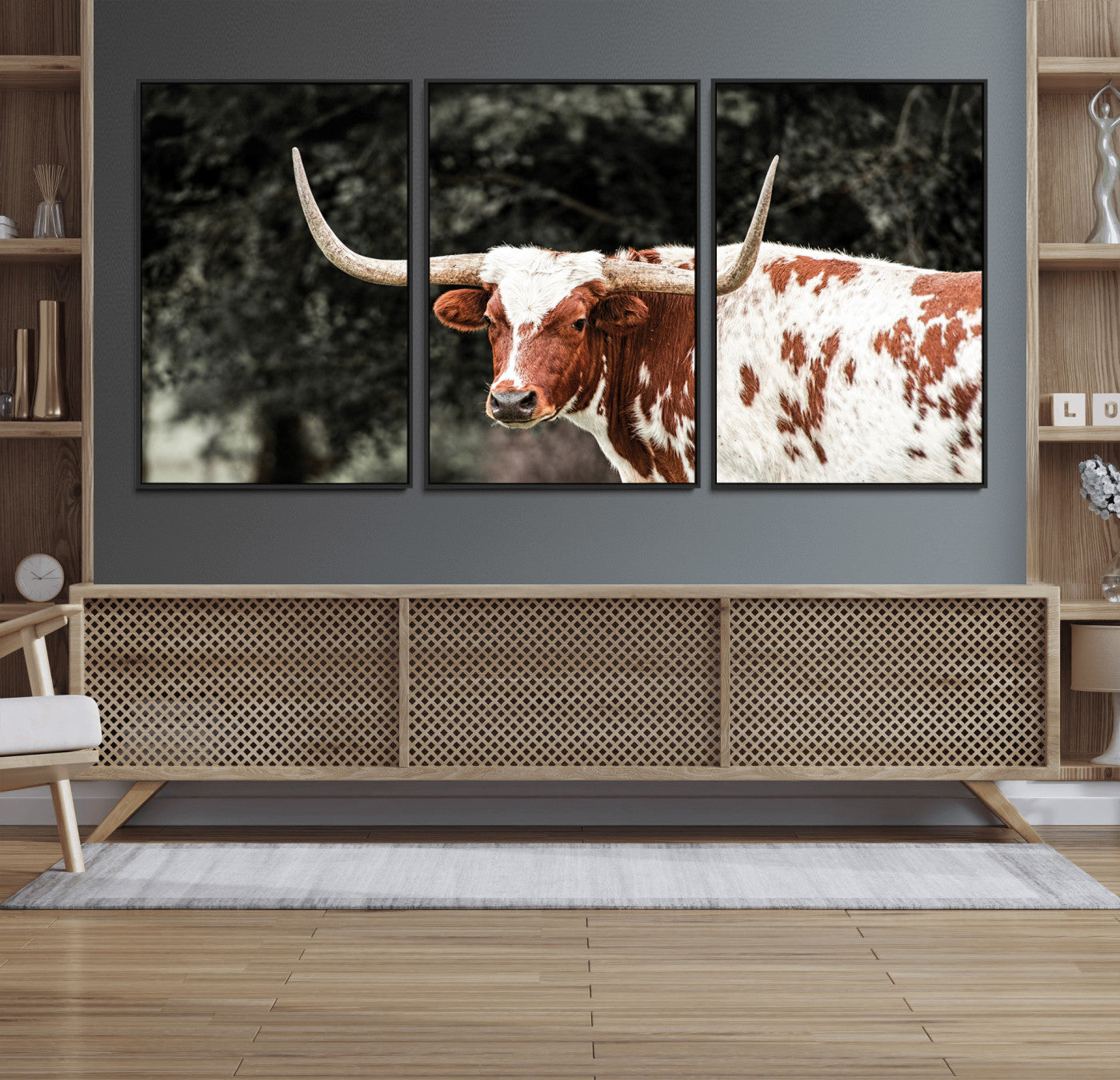 54027638-MGV-FC-60X30-3P_Black-Texas Longhorn Wall Art Canvas Print – Framed Spotted Bull Horned Cattle Rustic Western Decor Artwork for Home, Office