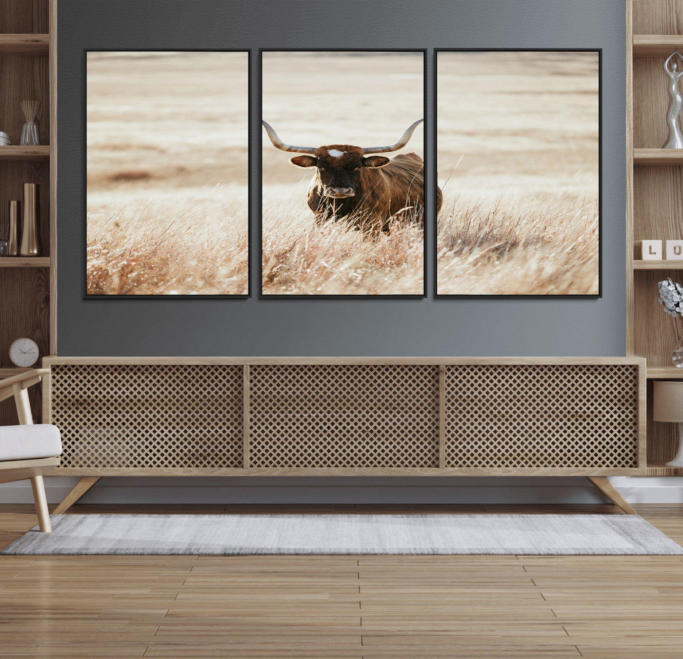 MGV-FC-60X30-3P - Texas Longhorn Wall Art Canvas Print, Framed Brown Cattle Art Picture Print, Horned Bull Perfect Rustic Western Decor Artwork