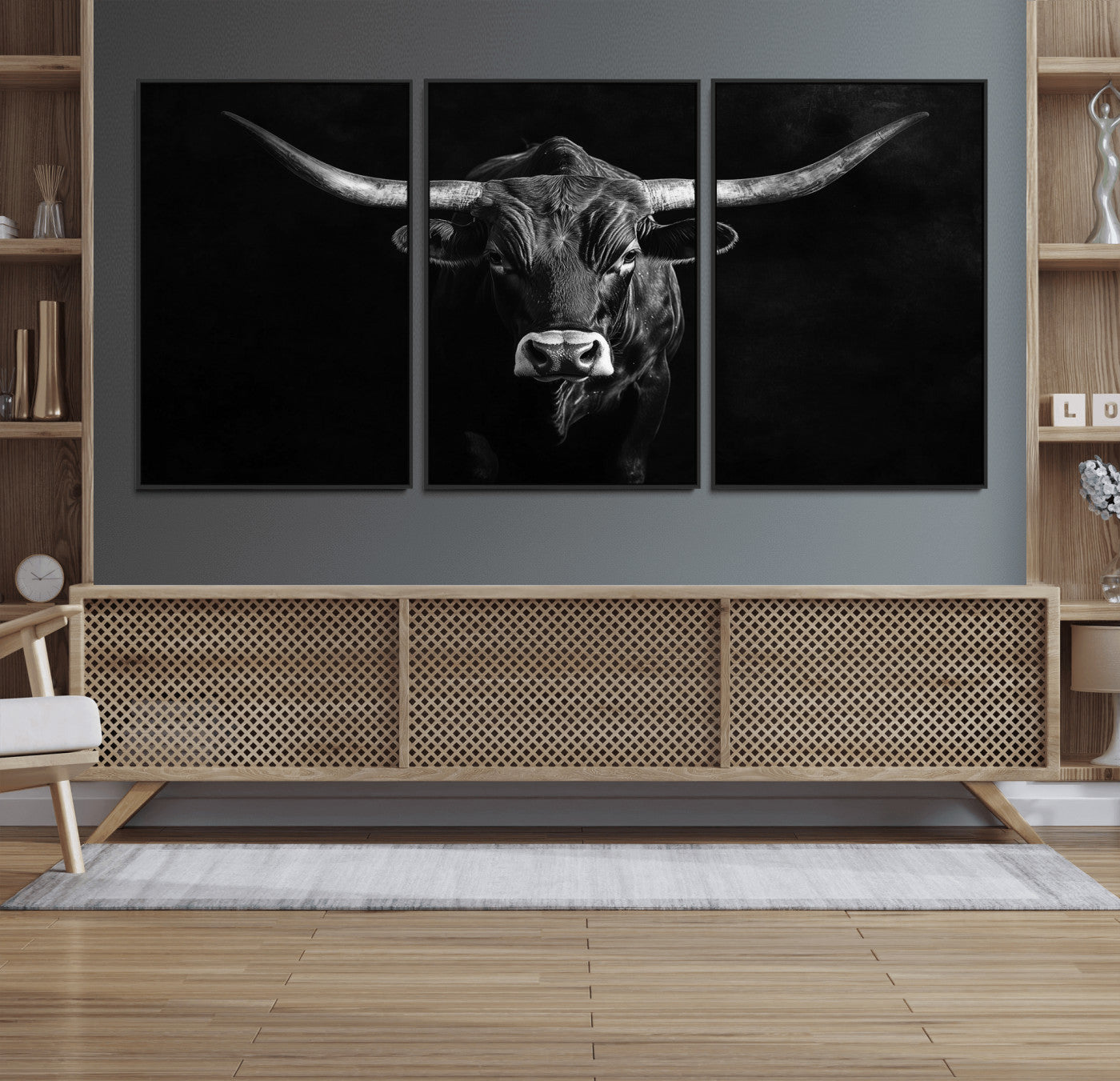 MGV-FC-60X30-3P - Texas Longhorn Wall Art Canvas Print, Framed Monochrome Bull Art Picture Print, Horned Bull Perfect Rustic Western Decor Artwork