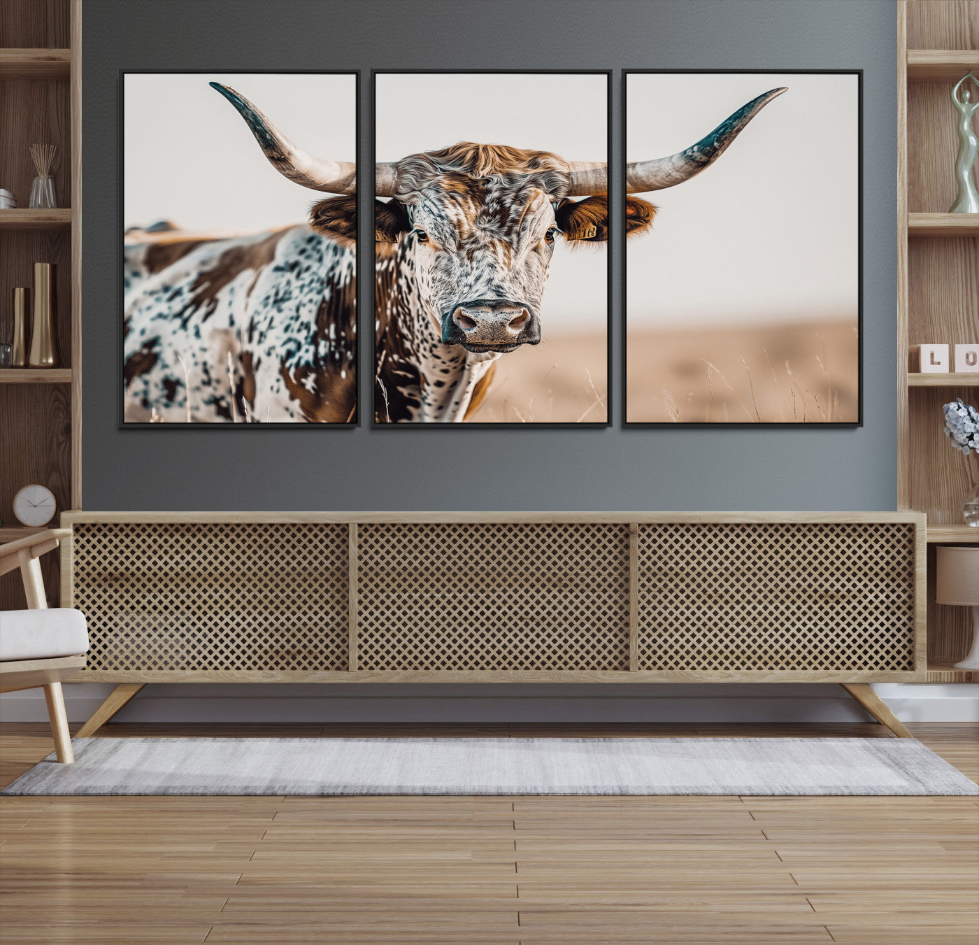 Canvas of a speckled Texas longhorn with wide curved horns and warm tones, perfect for rustic or country-style wall decor.