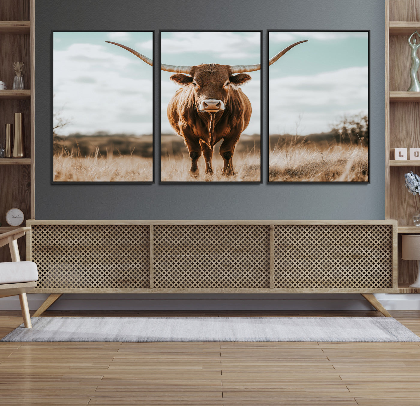 Texas Longhorn standing in a golden prairie under soft skies, ideal for rustic or western-style decor with warm natural tones.
