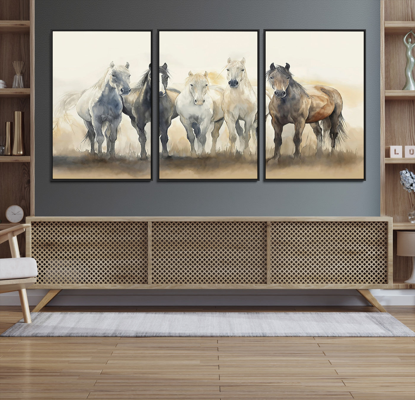 Watercolor illustration of five wild horses in soft neutral tones, perfect for rustic or western-style home decor with a calming natural vibe.