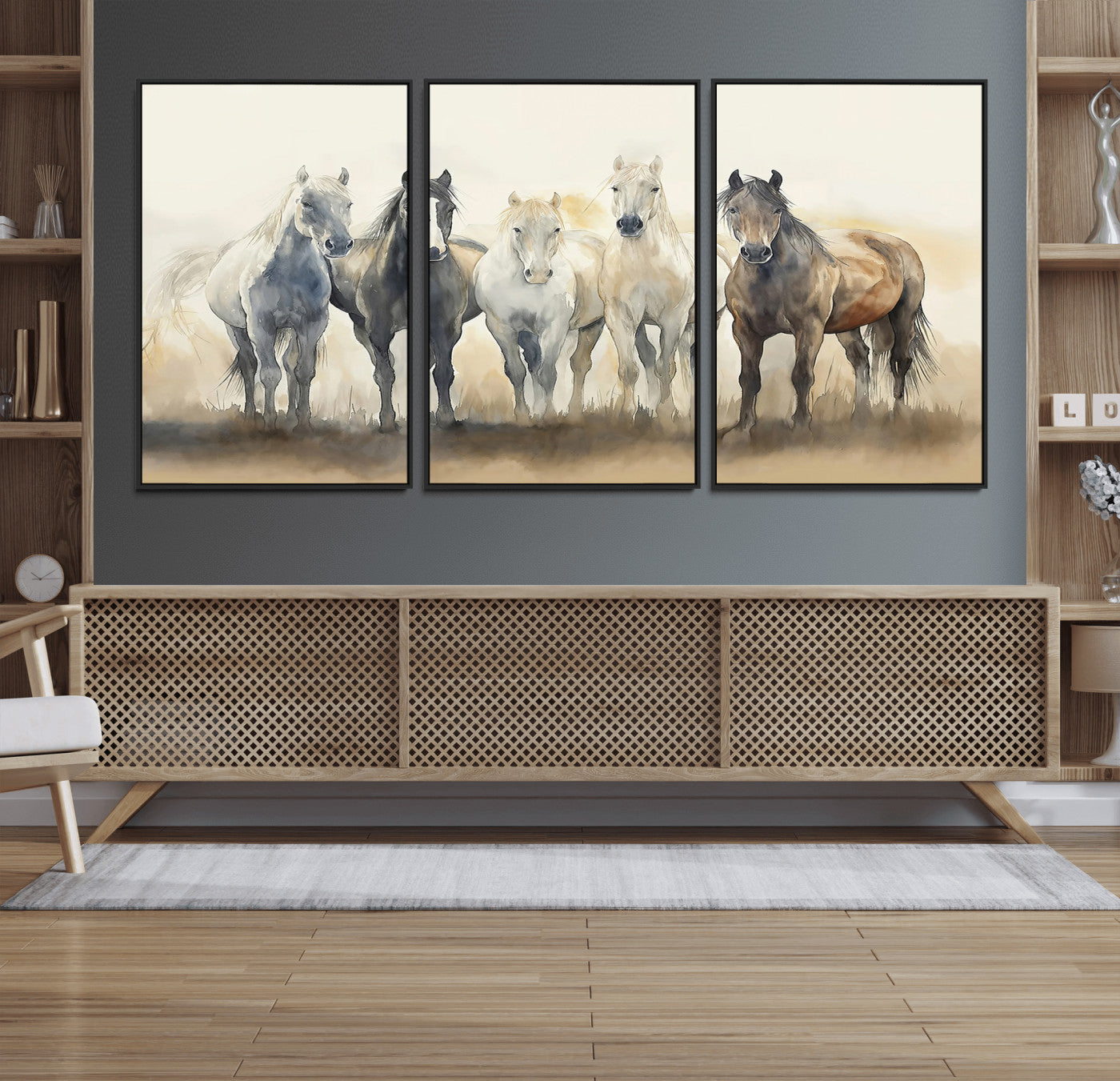MGV-FC-60X30-3P - Wild Horses Wall Art Canvas Print, Framed Running Horses Art Picture Print, Watercolor Horses Perfect Rustic Western Decor Artwork