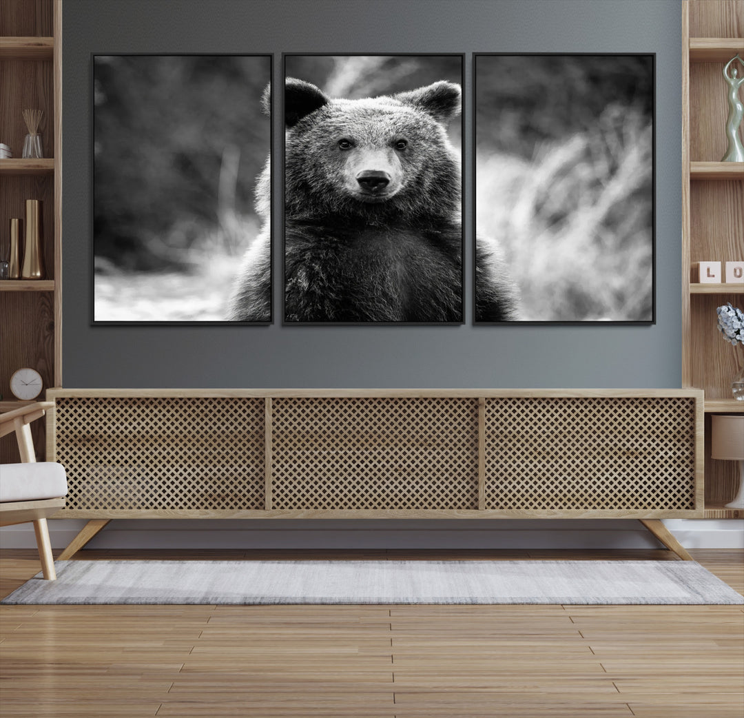 Grizzly Bear Wall Art Canvas Print, Framed Black White Bear Art Picture Print, Wild Bear Perfect Rustic Wildlife Decor