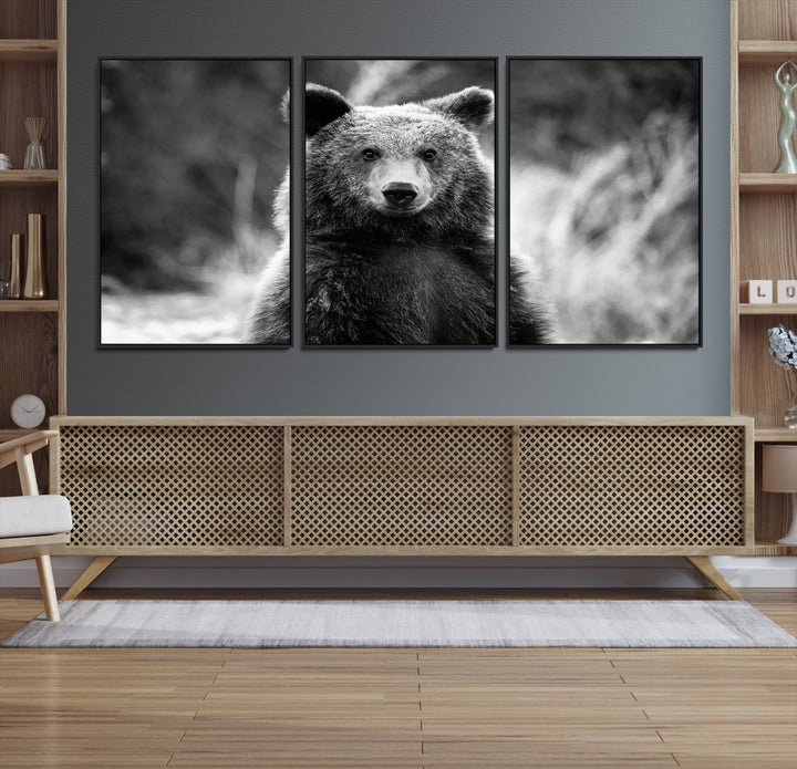 Grizzly Bear Wall Art Canvas Print, Framed Black White Bear Art Picture Print, Wild Bear Perfect Rustic Wildlife Decor
