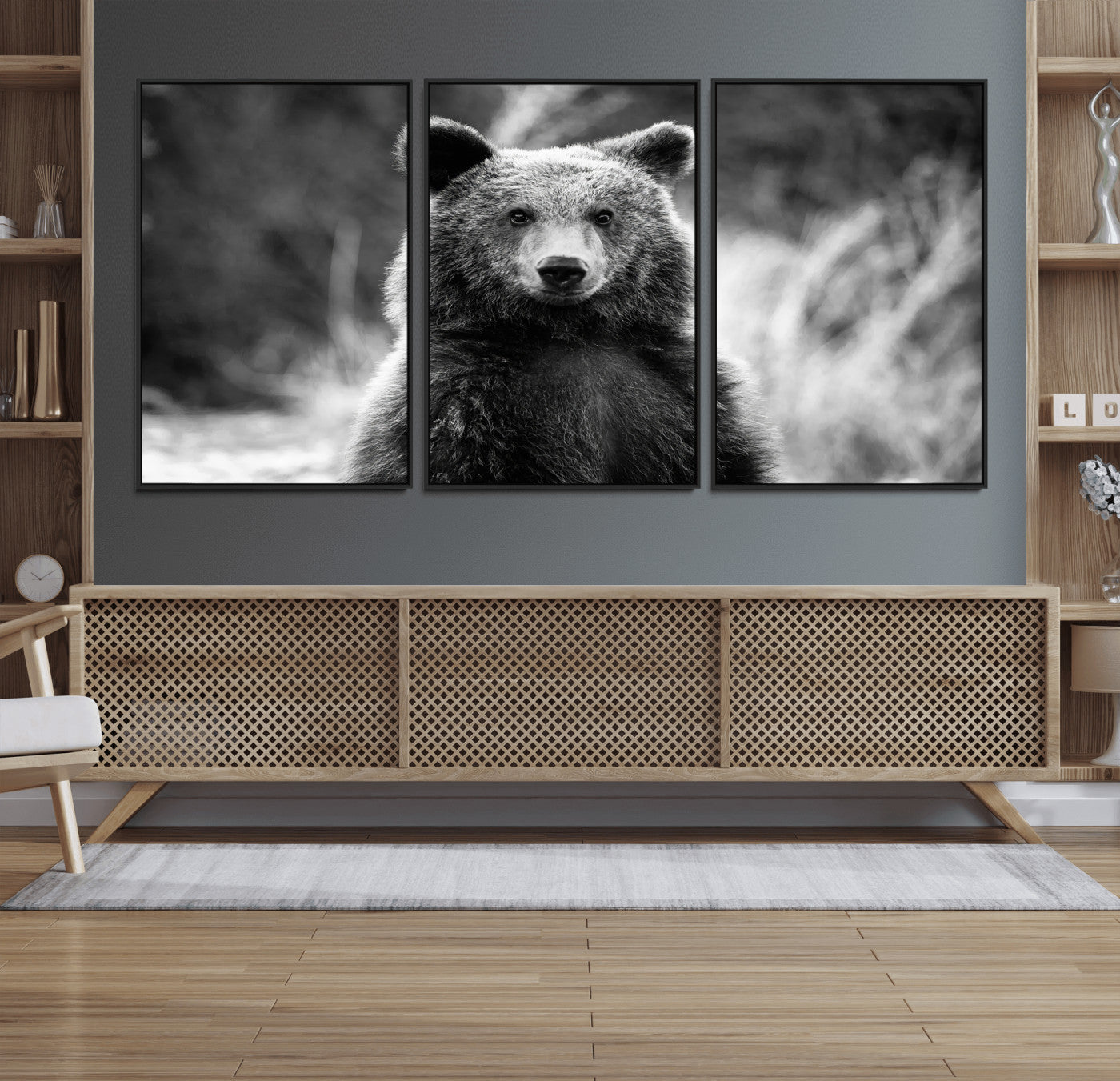 MGV-FC-60X30-3P - Grizzly Bear Wall Art Canvas Print, Framed Black White Bear Art Picture Print, Wild Bear Perfect Rustic Wildlife Decor Artwork