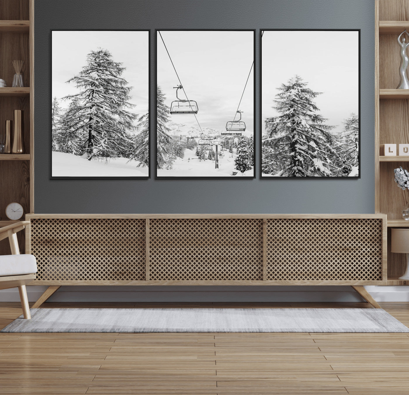 55003599-MGV-FC-60X30-3P_Black-Snowy Ski Lift Wall Art – Framed Winter Forest Canvas Artwork, Peaceful Mountain Design, Modern Nature Decor for Home, Office