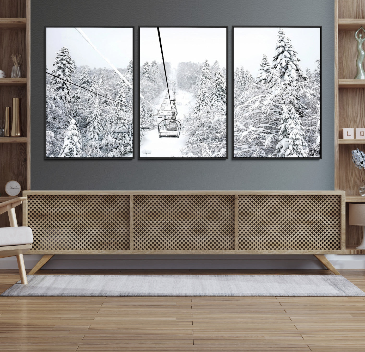 Snowy mountain landscape with a ski lift and snow-covered trees, ideal for winter-themed home decor. Perfect for modern, minimalist interiors.